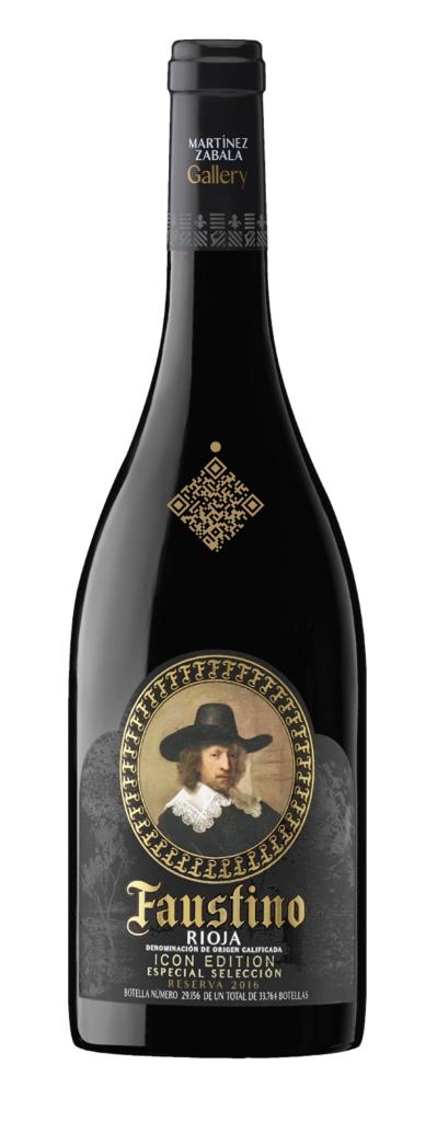 bottle of Faustino wine with a QR spinned 45 degrees, matching color and style of the bottle